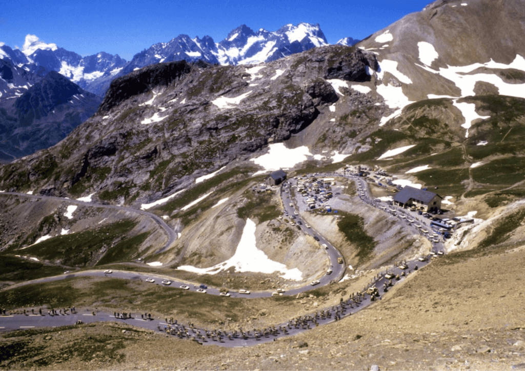 the tour de france cyclists going up Col du Galibier