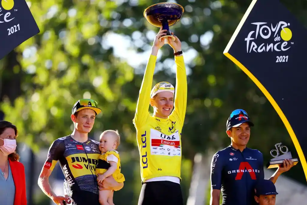 Jonas Vingegaard (left) finishing 2nd, behind Tadej Pogačar, in the 2021 Tour de France