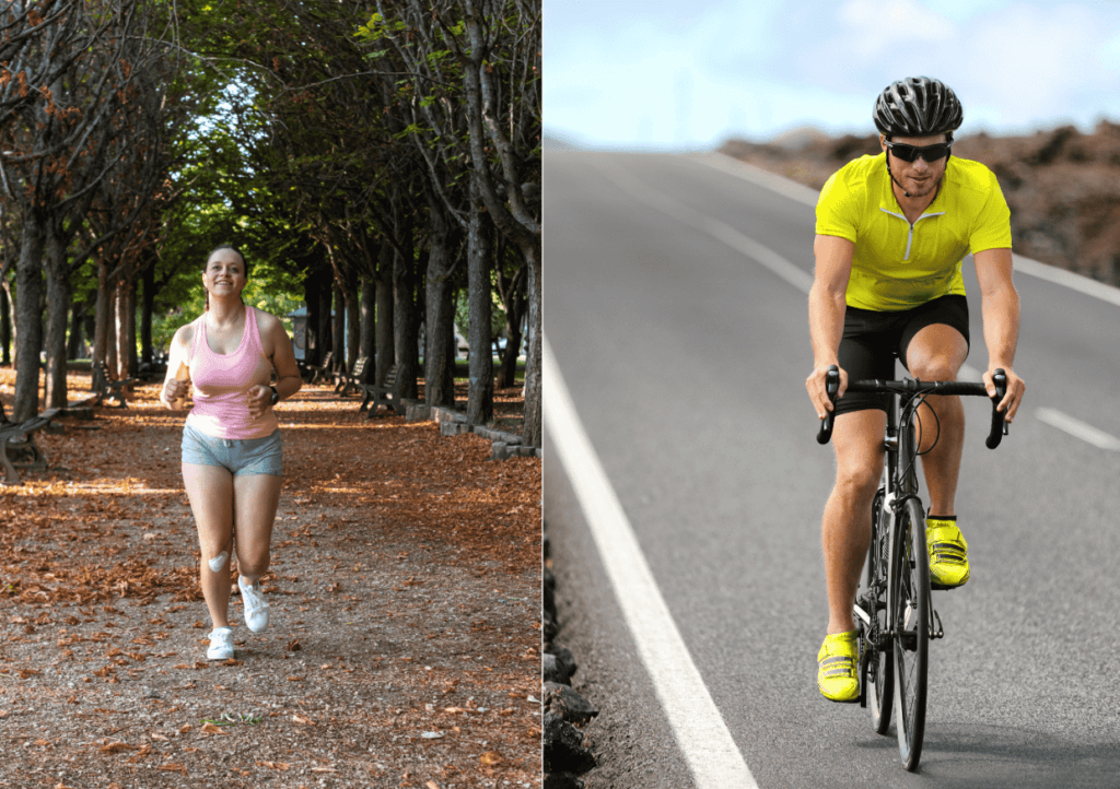 a side by side of a woman running through a forest, and a man cycling on the open road.
