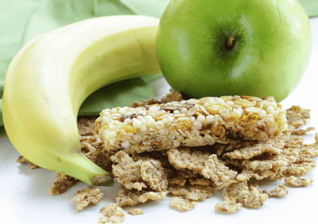 granola bar, green apple and banana