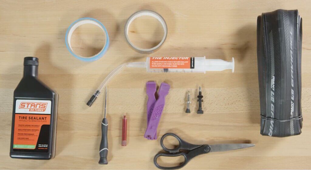 the supplies needed for setting up tubeless tires