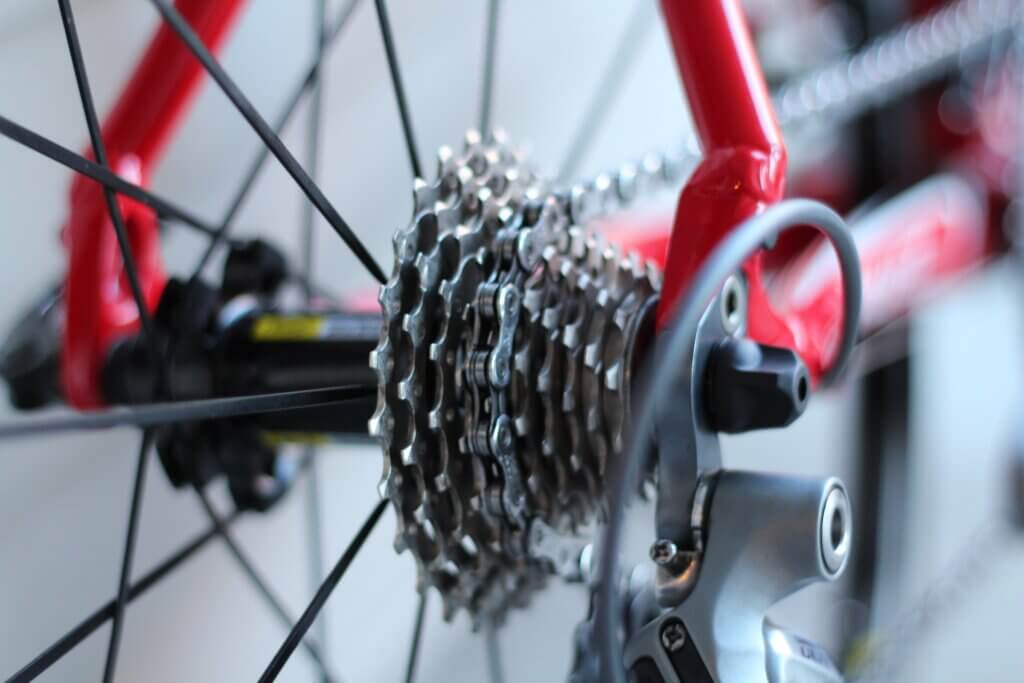up-close view of Wheel and gears of bicycle

